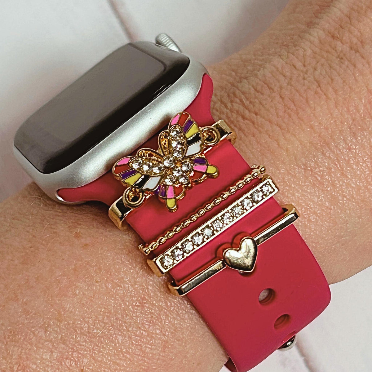 Enamel Colored Butterfly/Rhinestone Watchband Bars, Set of 4