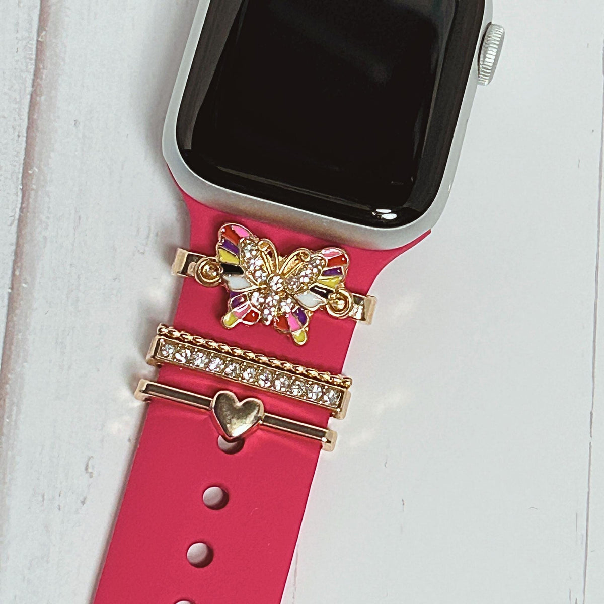 Enamel Colored Butterfly/Rhinestone Watchband Bars, Set of 4
