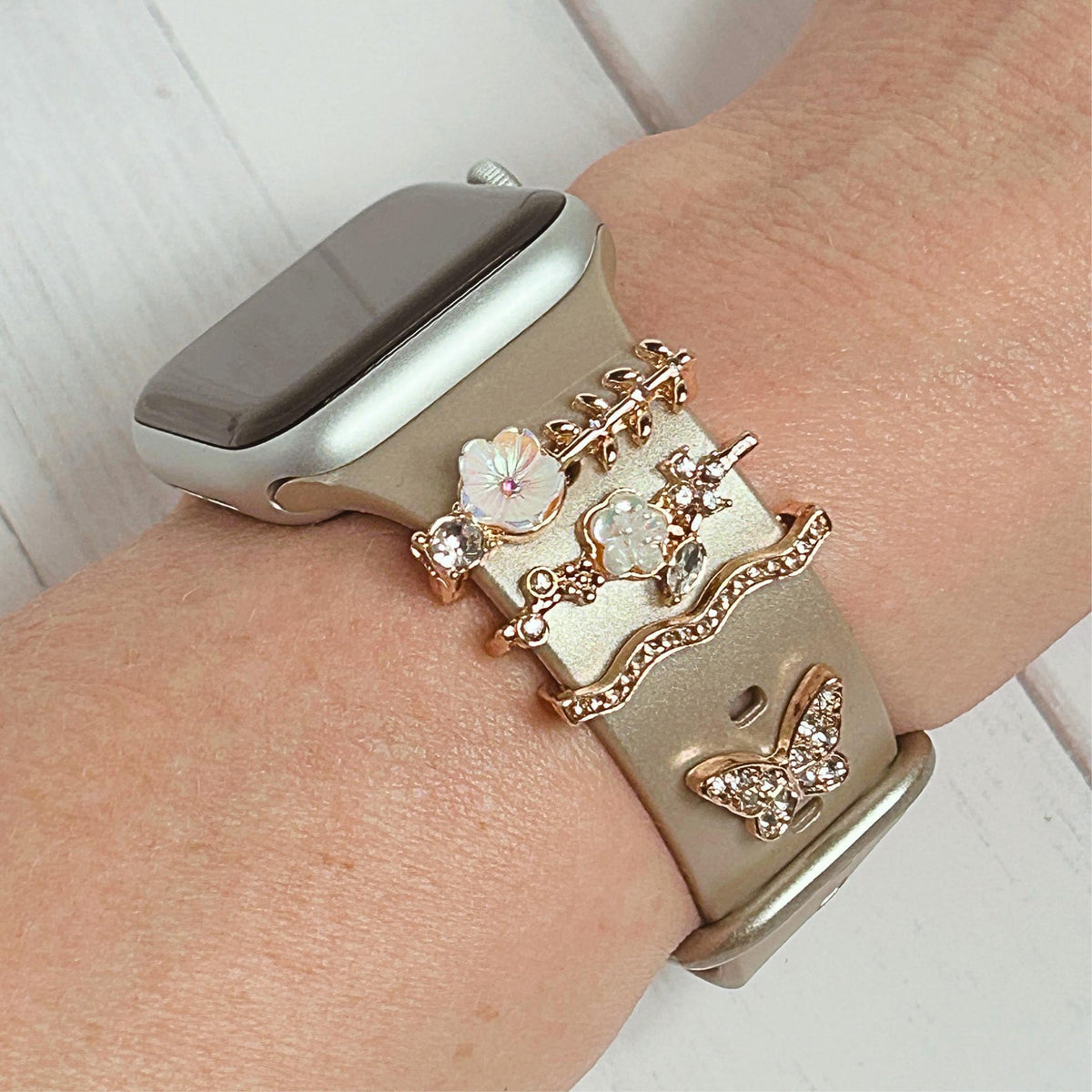 Floral/Butterfly Rhinestone Studded Watchband Charms, Set of 4