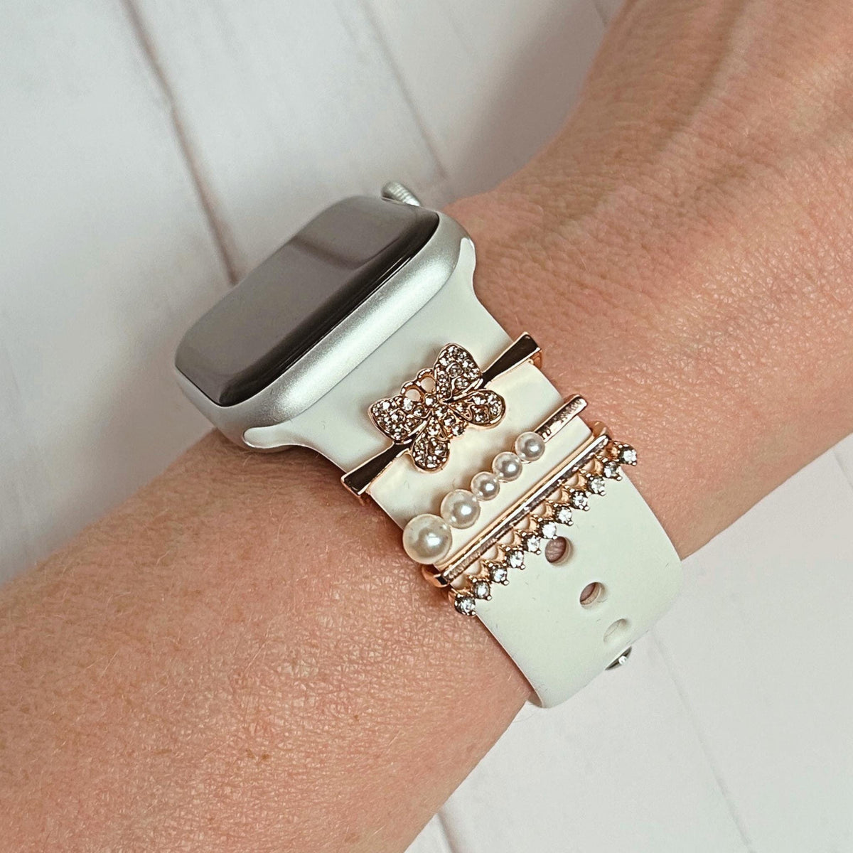 Rose Gold Pearl/Butterfly/Rhinestone Studded Watchband Charms, Set of 4
