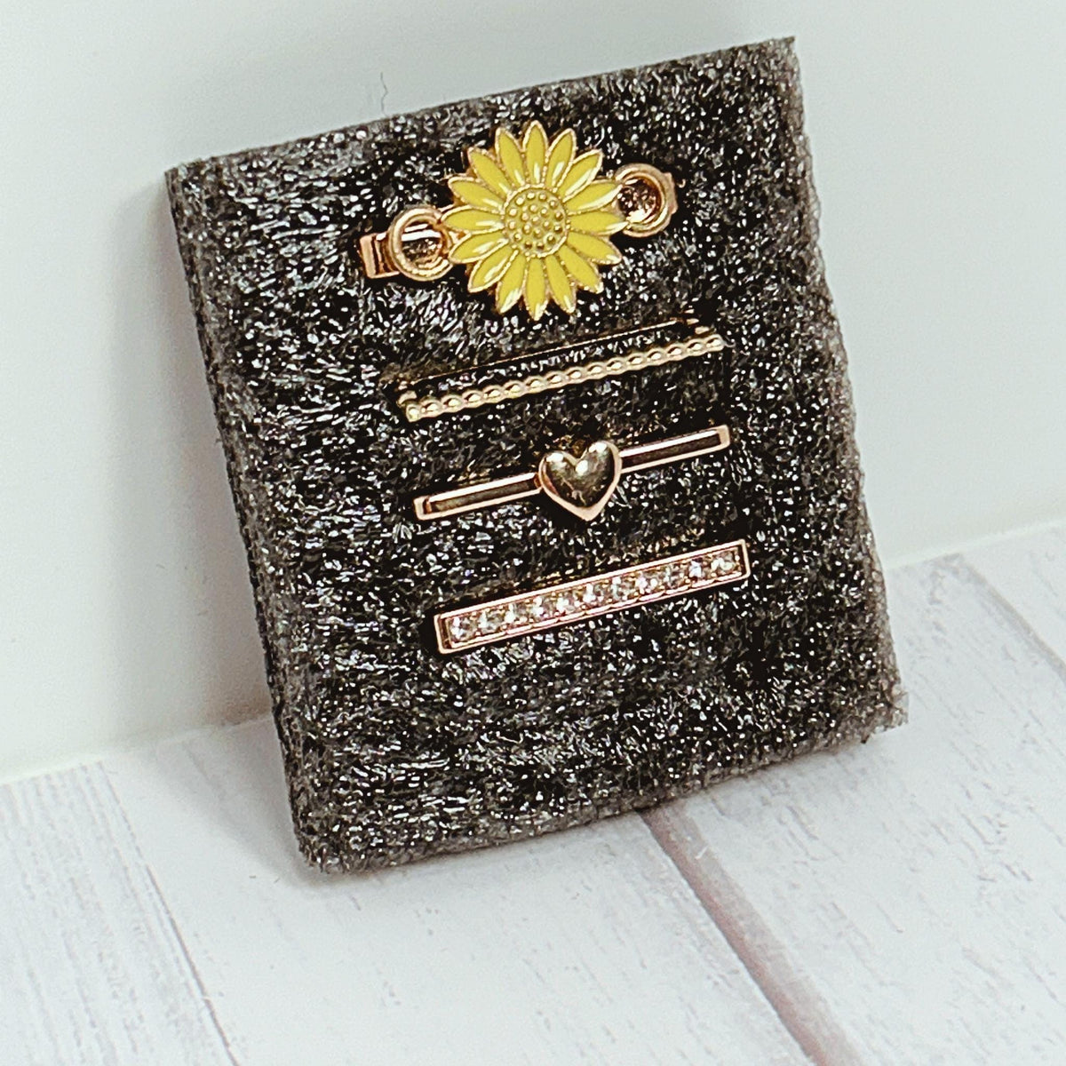 Yellow Sunflower & Gold/Rhinestone Studded Watchband Charms, Set of 4