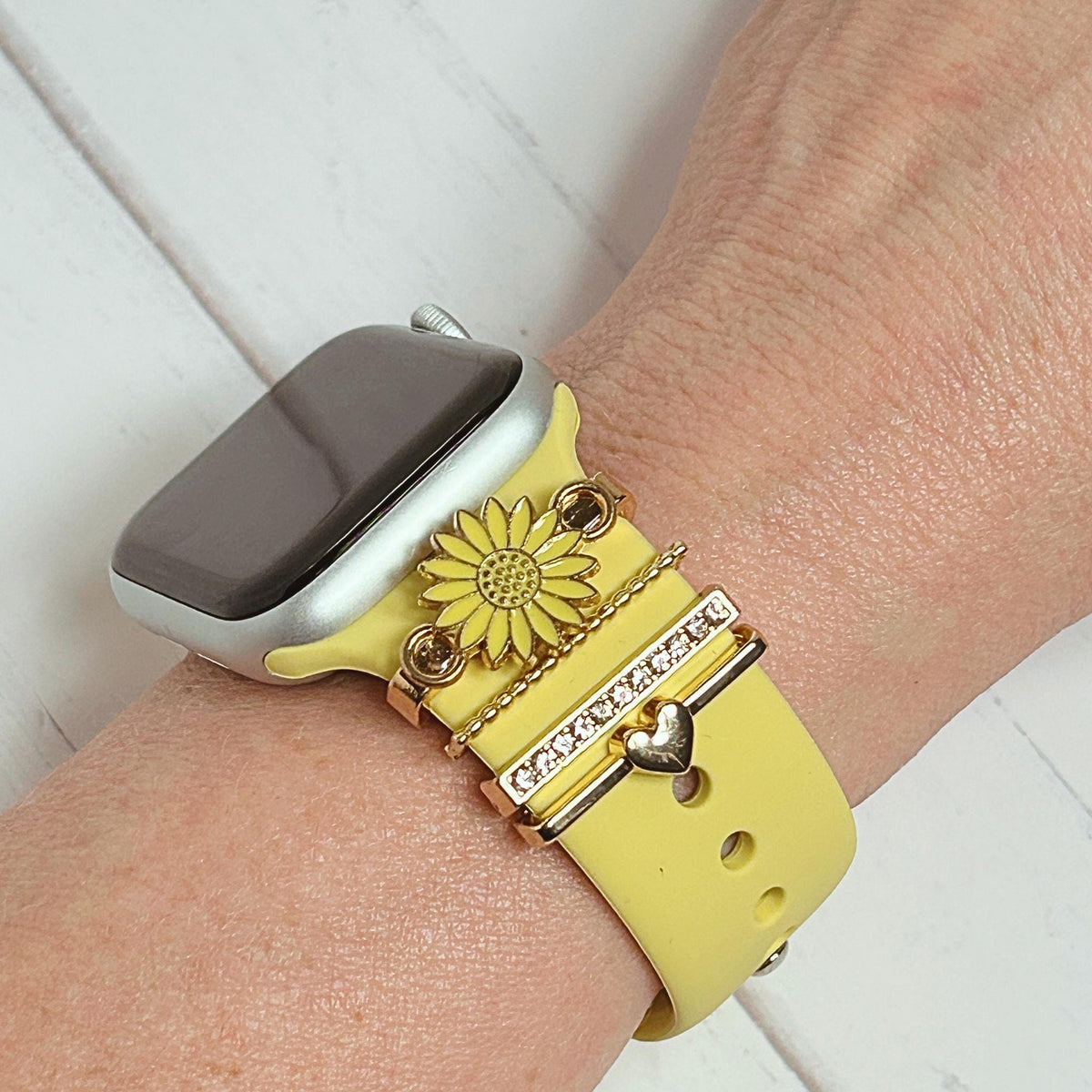 Yellow Sunflower & Gold/Rhinestone Studded Watchband Charms, Set of 4