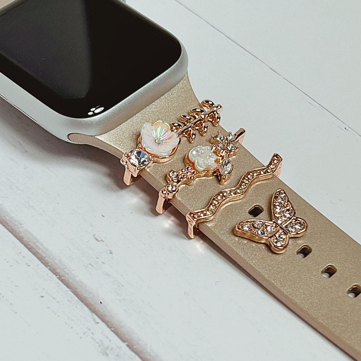 Floral/Butterfly Rhinestone Studded Watchband Charms, Set of 4