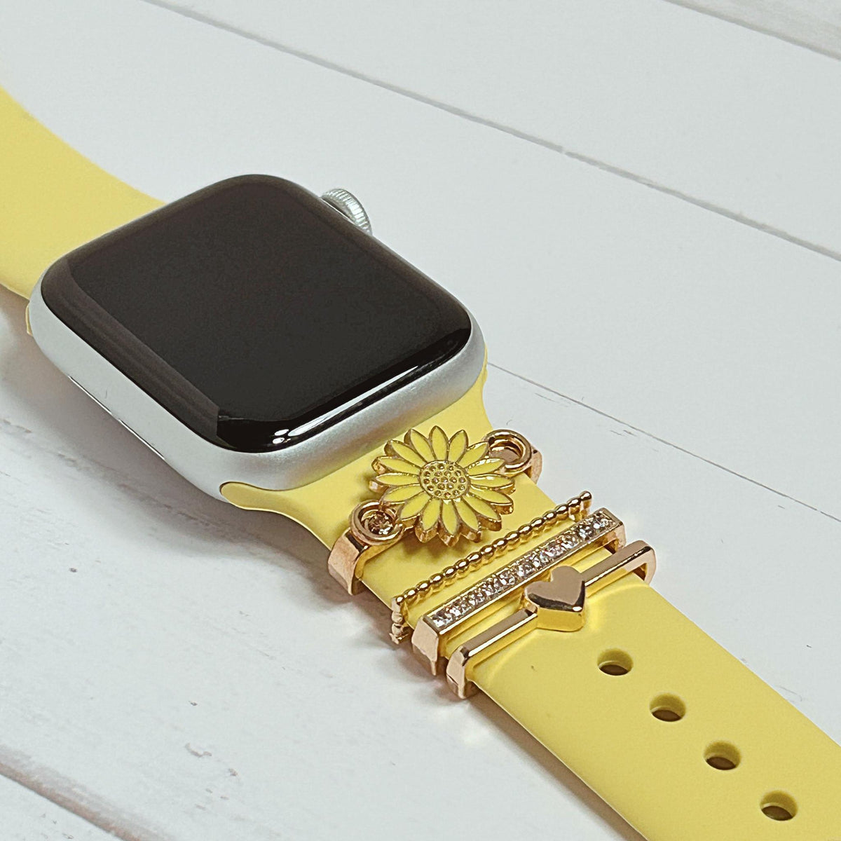 Yellow Sunflower & Gold/Rhinestone Studded Watchband Charms, Set of 4
