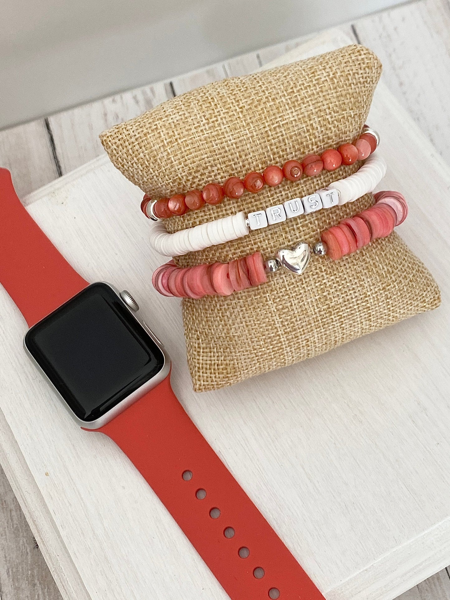 Coral and White Stack Bracelets/Stretch Bracelets/Layering Bracelets/Boho Jewelry/Handmade Gemstone Bracelets/Matching Set