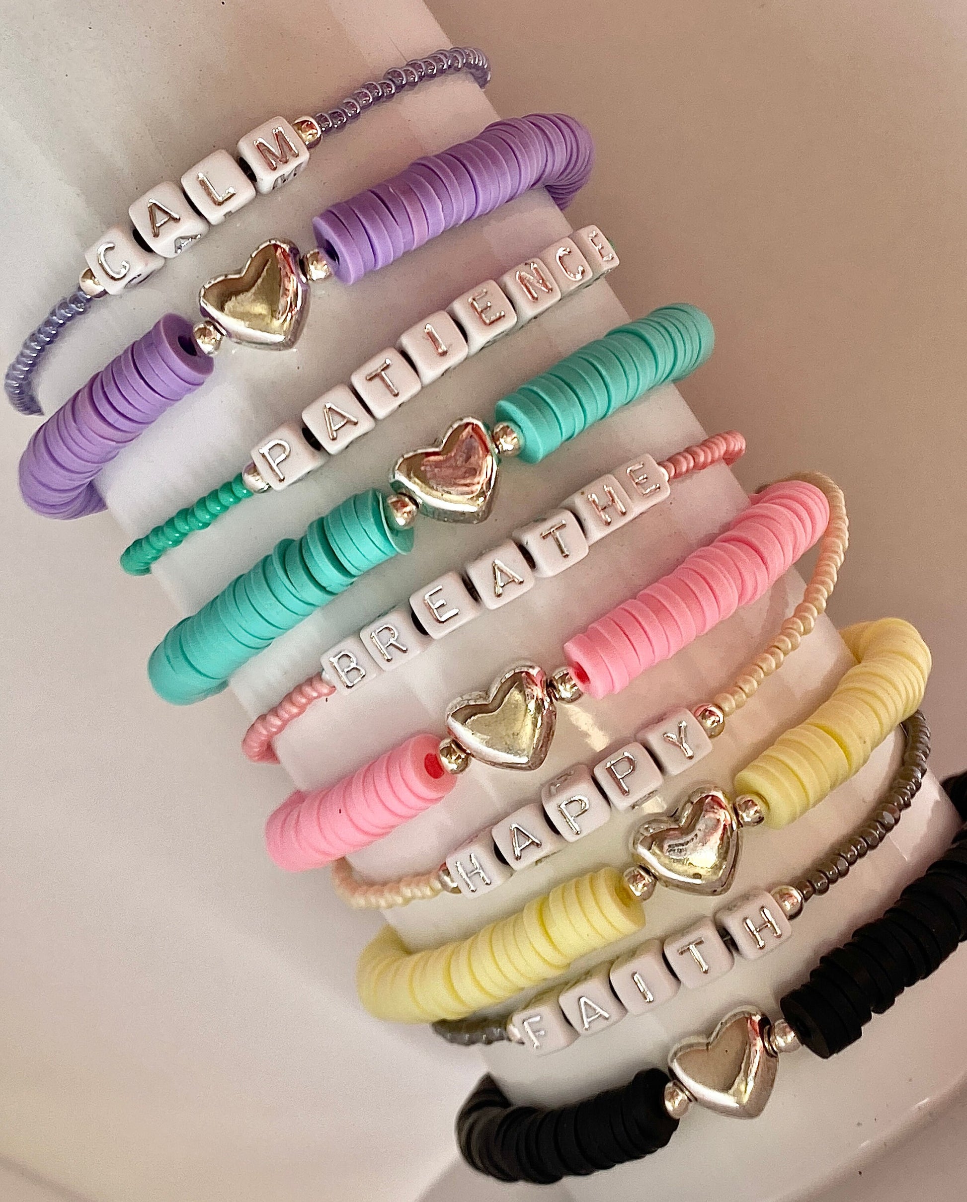 Heishi Beaded Bracelets/Word Bracelets/Stretch Bracelets/Layering  Bracelets/Handmade Bracelets/Heart Jewelry/Teen Gift