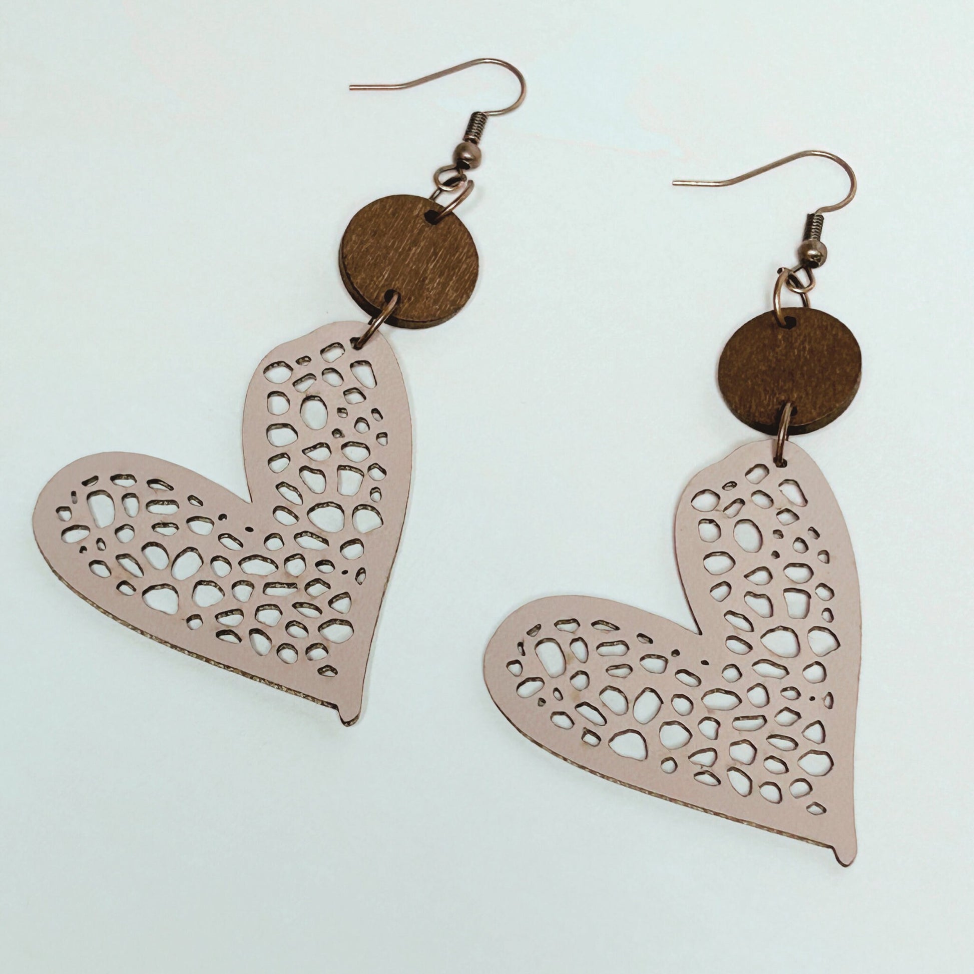 Heart Earrings, Leather and Wood Earrings, Valentines Jewelry, Lightweight Earrings